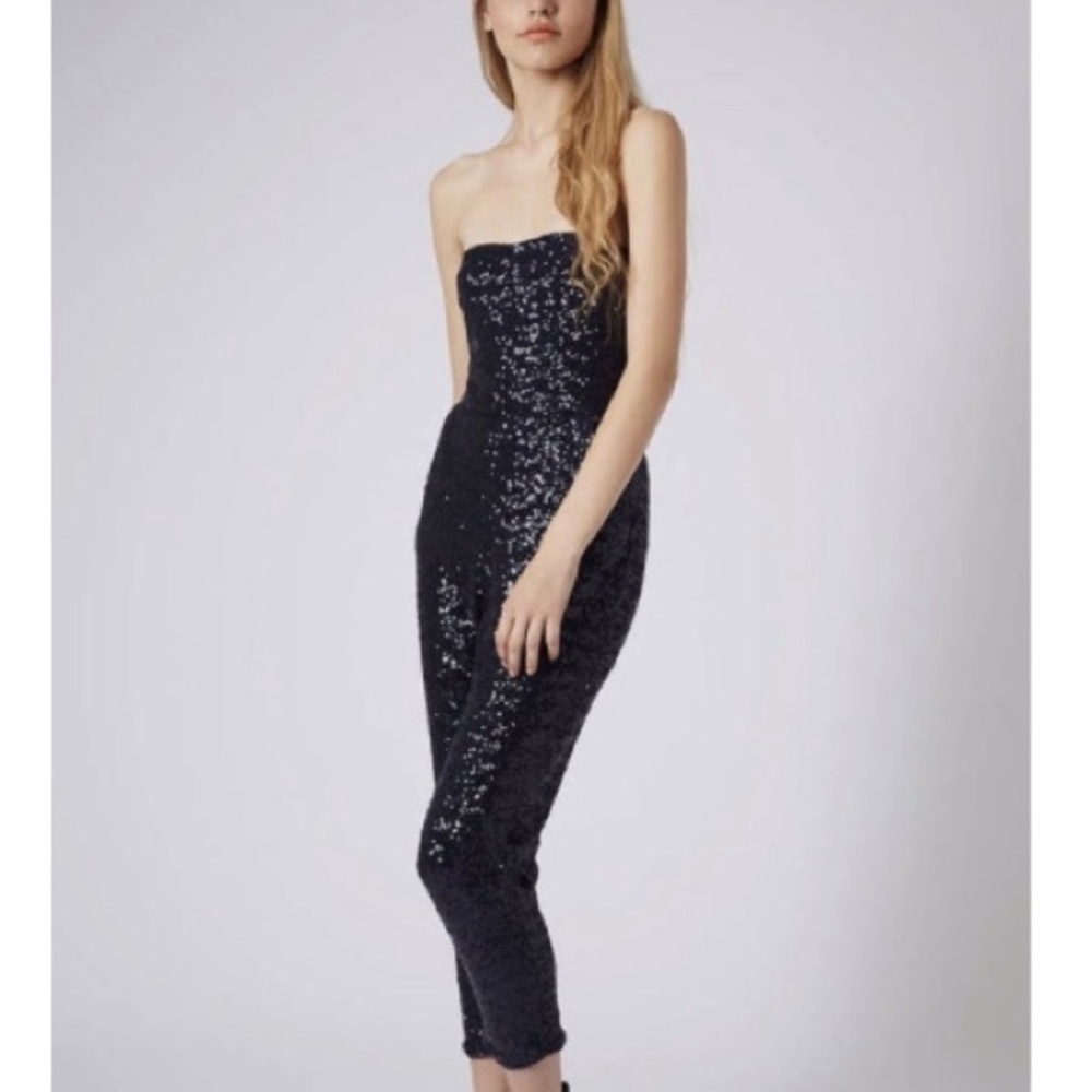 TopShop Sequined Black Strapless Jumpsuit